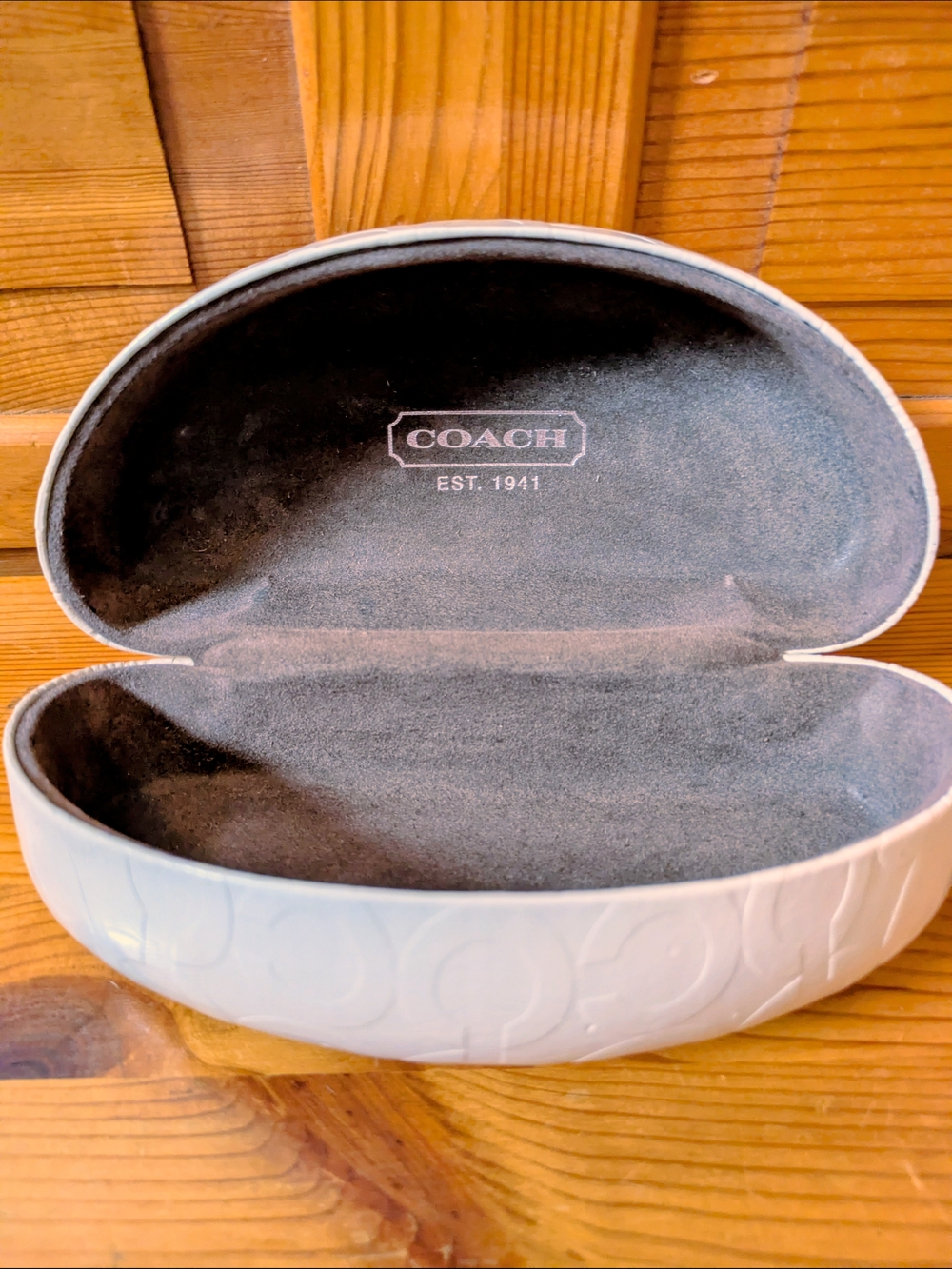 Coach White/ Cream Embossed Sunglass Case with Brown Velvet Lining